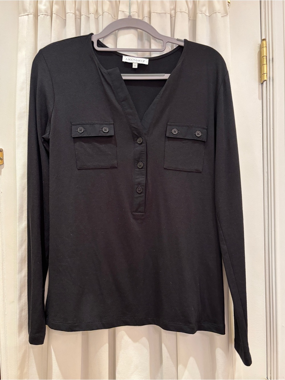 Anatomie Black Long-Sleeve Henley with Chest Flap Pockets